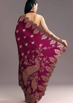 Wine Dola Silk Woven Motif Saree With Scallop Border
