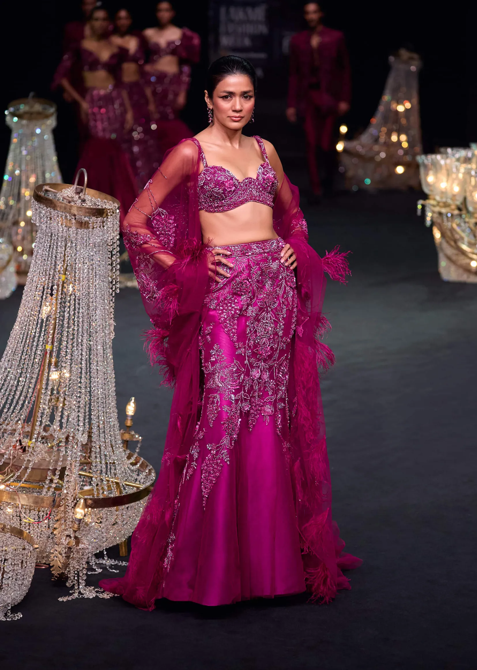 Wine Embellished Fish Cut Skirt And Feathered Cape Set