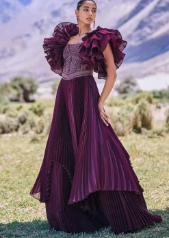 Wine Embroidered Flared Pleated Gown With Ruffle Sleeves