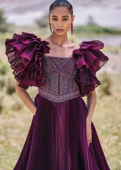 Wine Embroidered Flared Pleated Gown With Ruffle Sleeves