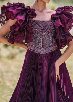 Wine Embroidered Flared Pleated Gown With Ruffle Sleeves