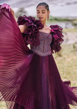 Wine Embroidered Flared Pleated Gown With Ruffle Sleeves