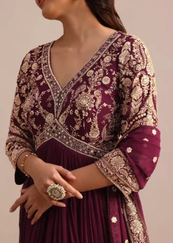 Wine Embroidered Georgette Anarkali Suit
