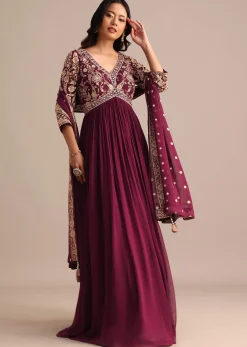 Wine Embroidered Georgette Anarkali Suit