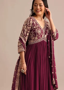 Wine Embroidered Georgette Anarkali Suit