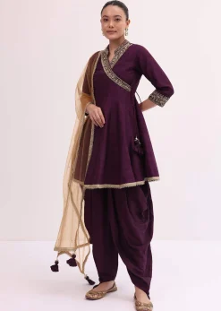 Wine Embroidered Kurta Dhoti Set