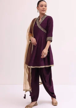 Wine Embroidered Kurta Dhoti Set