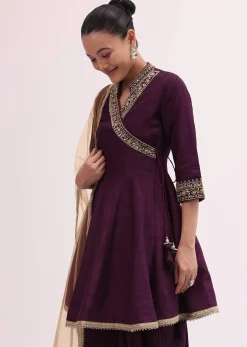 Wine Embroidered Kurta Dhoti Set