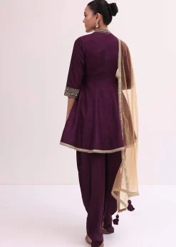 Wine Embroidered Kurta Dhoti Set