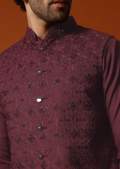 Wine Embroidered Kurta Jacket Set For Men