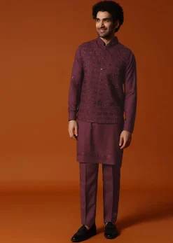 Wine Embroidered Kurta Jacket Set For Men