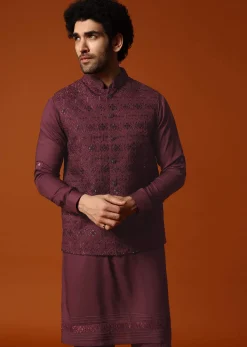 Wine Embroidered Kurta Jacket Set For Men