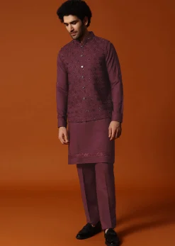 Wine Embroidered Kurta Jacket Set For Men