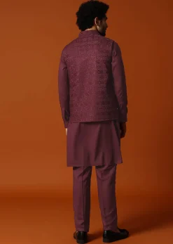 Wine Embroidered Kurta Jacket Set For Men