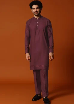 Wine Embroidered Kurta Jacket Set For Men