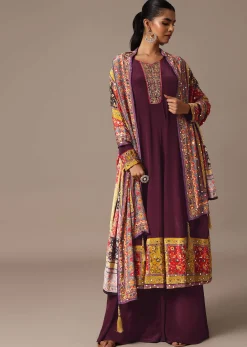 Wine Embroidered Kurta Palazzo Set With Mirror Work Dupatta