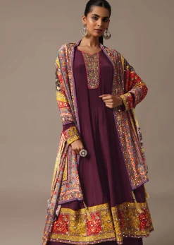 Wine Embroidered Kurta Palazzo Set With Mirror Work Dupatta