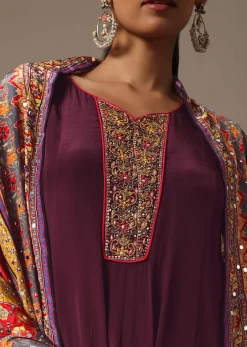 Wine Embroidered Kurta Palazzo Set With Mirror Work Dupatta