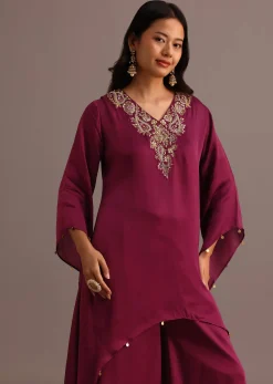 Wine Embroidered Kurta Palazzo Suit