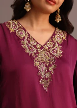 Wine Embroidered Kurta Palazzo Suit