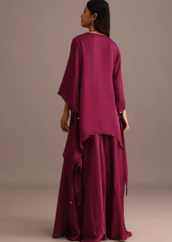 Wine Embroidered Kurta Palazzo Suit