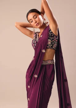 Wine Embroidered Pre Stitched Saree With Blouse