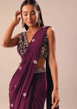 Wine Embroidered Pre Stitched Saree With Blouse