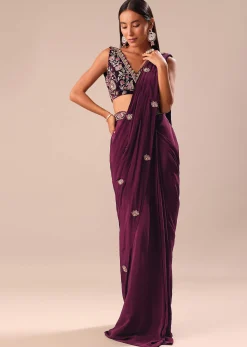 Wine Embroidered Pre Stitched Saree With Blouse