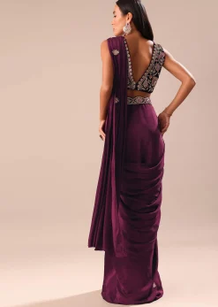 Wine Embroidered Pre Stitched Saree With Blouse