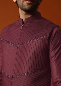Wine Embroidered Rayon Kurta Jacket Set For Men