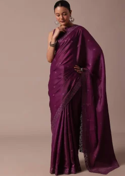 Wine Embroidered Tussar Saree With Unstitched Blouse
