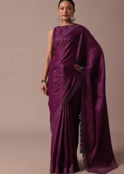 Wine Embroidered Tussar Saree With Unstitched Blouse