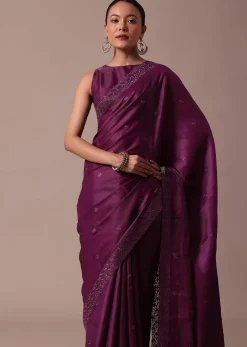 Wine Embroidered Tussar Saree With Unstitched Blouse