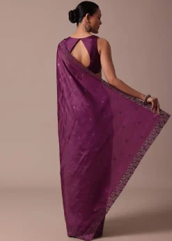 Wine Embroidered Tussar Saree With Unstitched Blouse