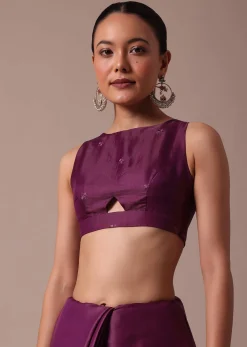 Wine Embroidered Tussar Saree With Unstitched Blouse