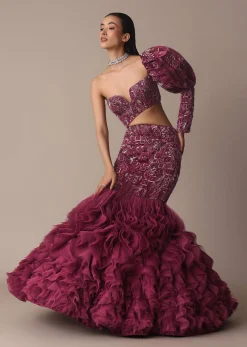Wine Fish Cut One Shoulder Gown With 3D Organza Frills