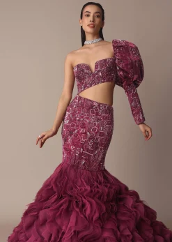 Wine Fish Cut One Shoulder Gown With 3D Organza Frills