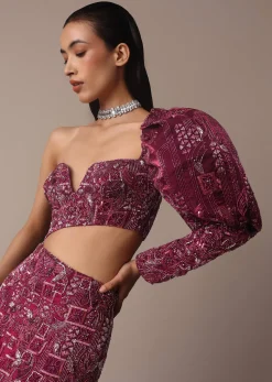 Wine Fish Cut One Shoulder Gown With 3D Organza Frills