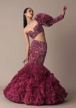Wine Fish Cut One Shoulder Gown With 3D Organza Frills
