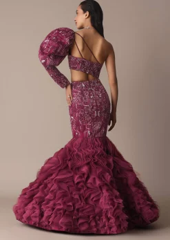 Wine Fish Cut One Shoulder Gown With 3D Organza Frills