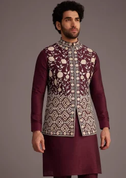Wine Floral Embroidered Jacket Kurta Set