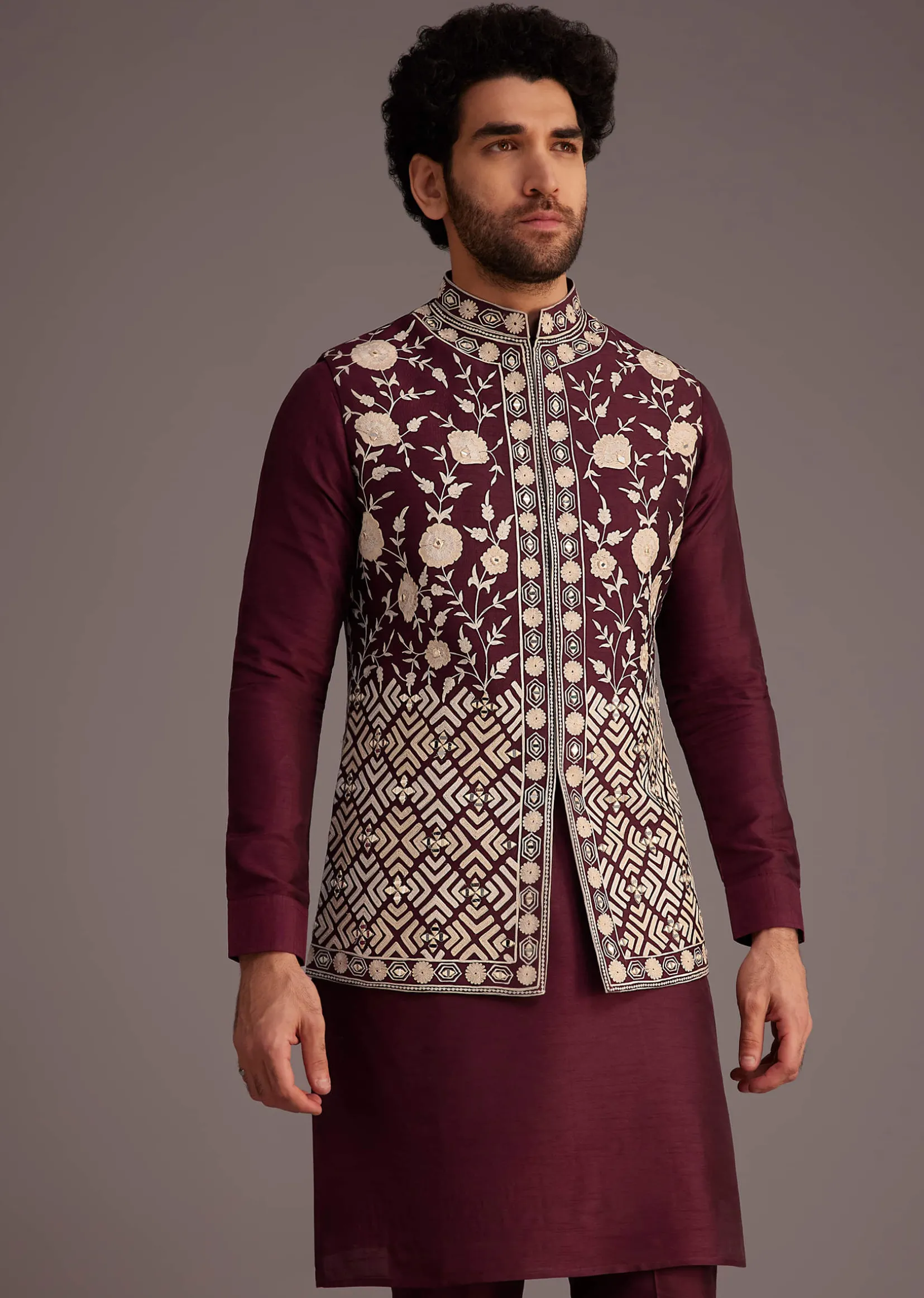 Wine Floral Embroidered Jacket Kurta Set