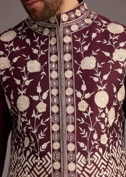 Wine Floral Embroidered Jacket Kurta Set