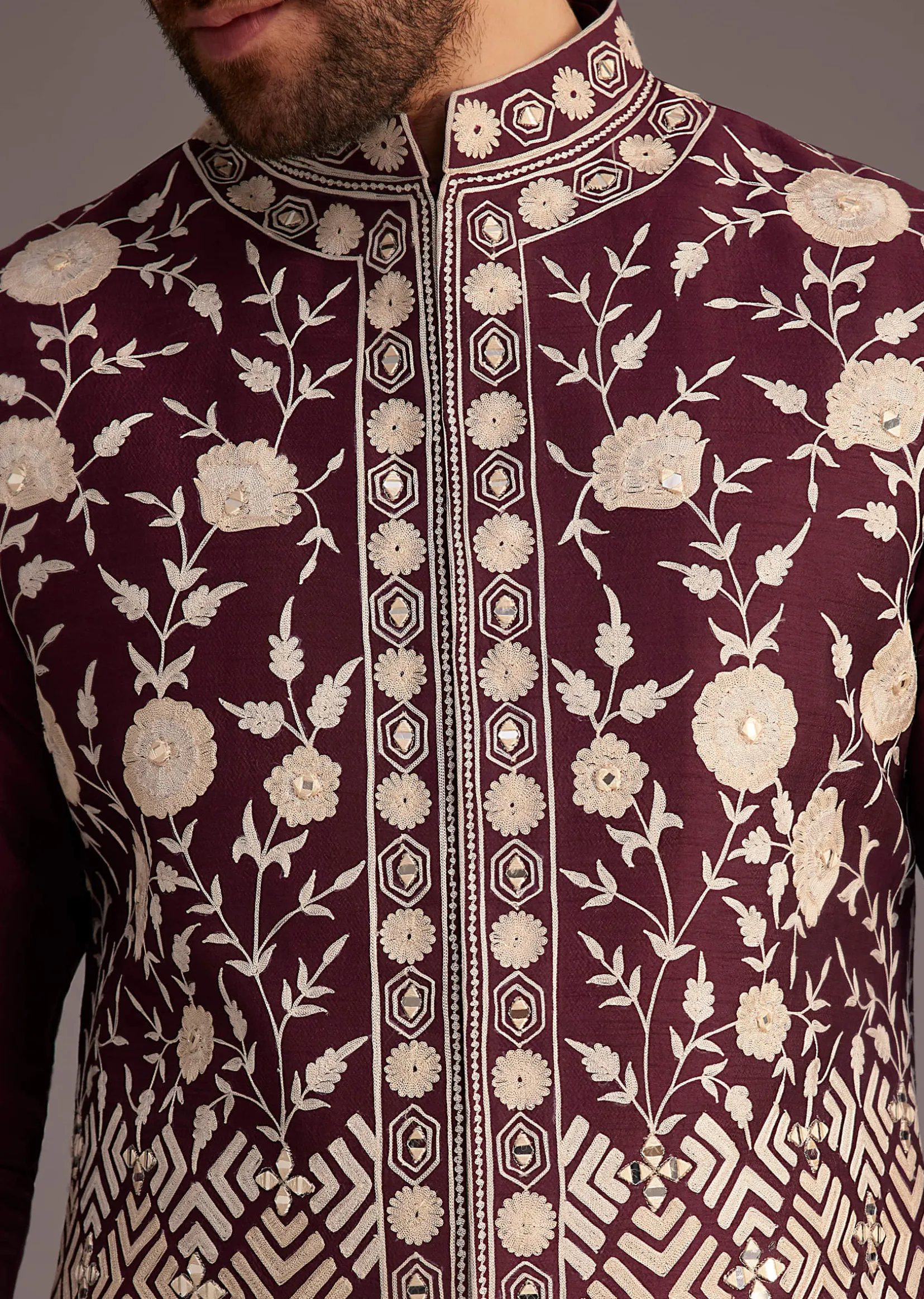 Wine Floral Embroidered Jacket Kurta Set
