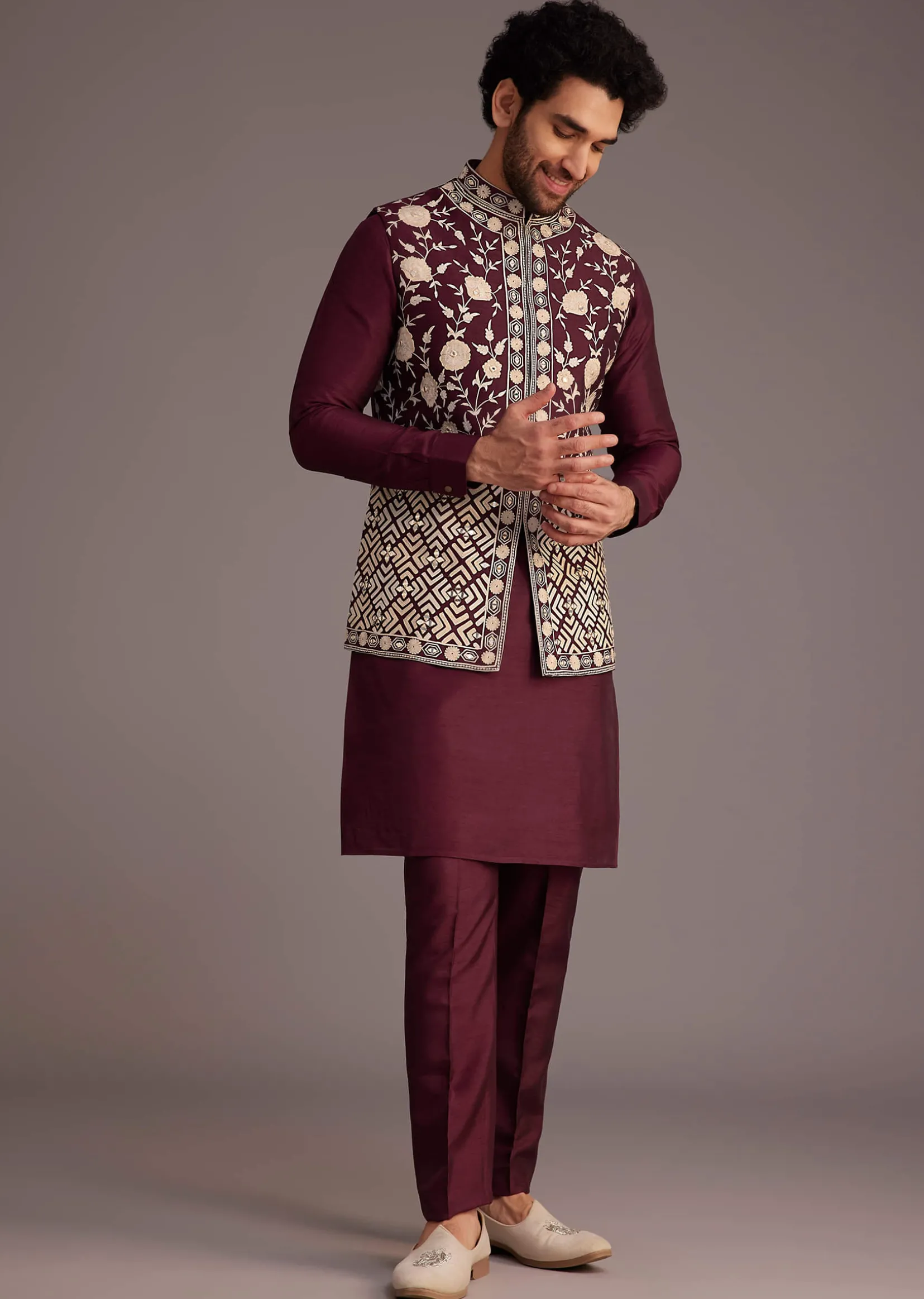 Wine Floral Embroidered Jacket Kurta Set