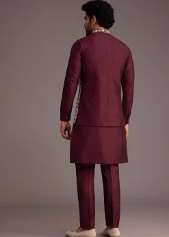 Wine Floral Embroidered Jacket Kurta Set