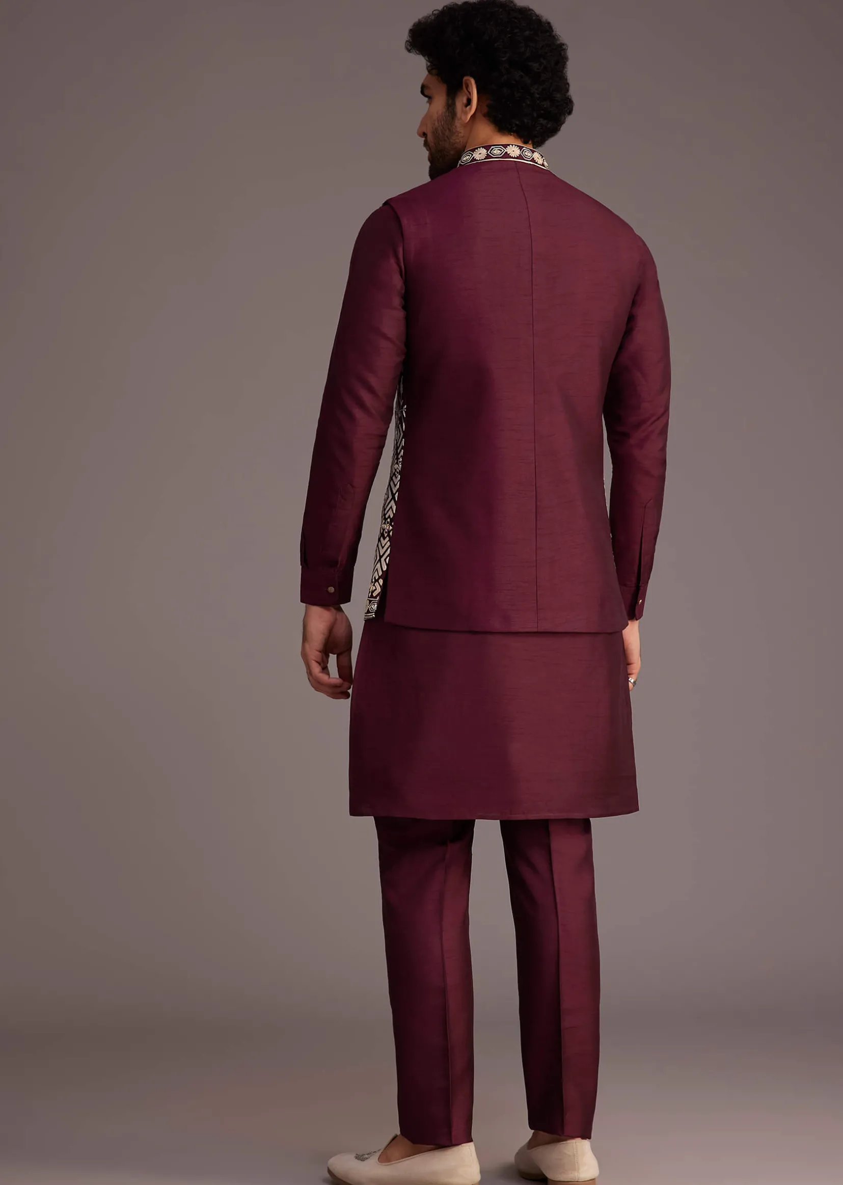 Wine Floral Embroidered Jacket Kurta Set