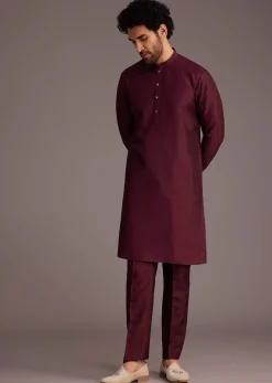 Wine Floral Embroidered Jacket Kurta Set