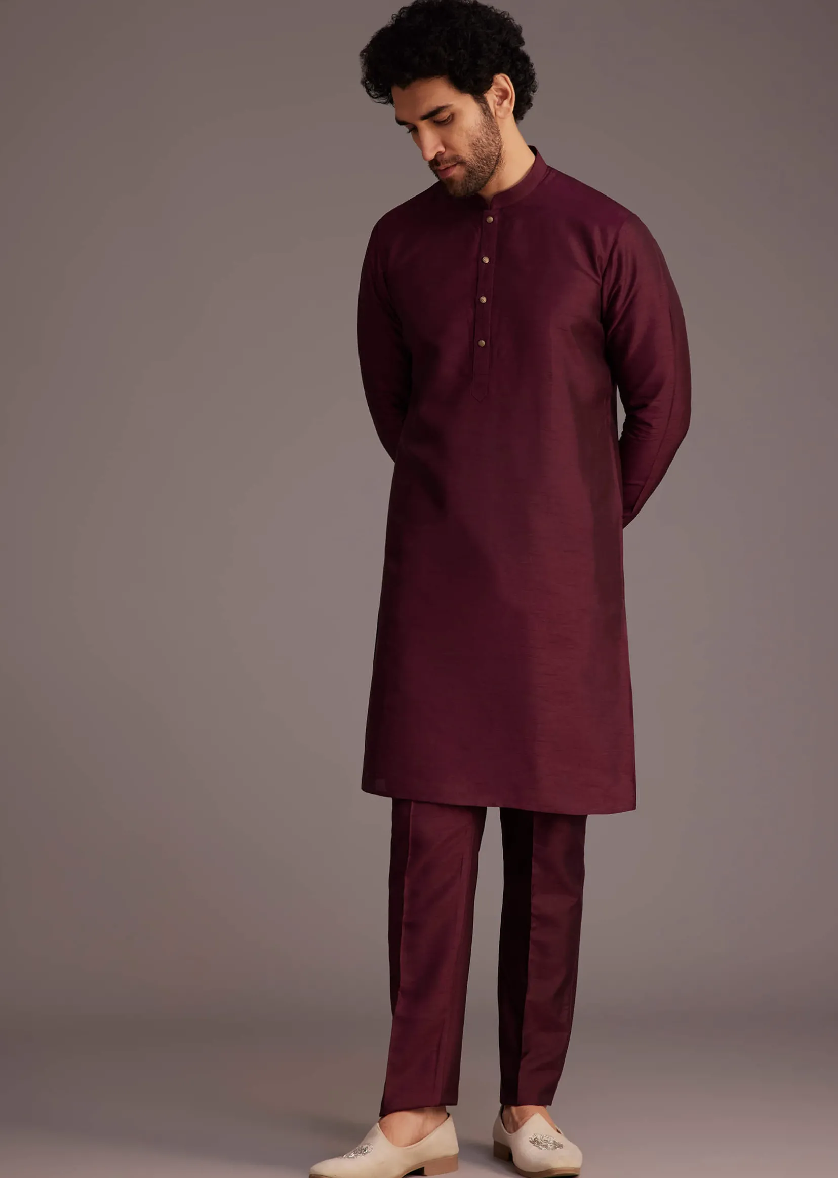 Wine Floral Embroidered Jacket Kurta Set