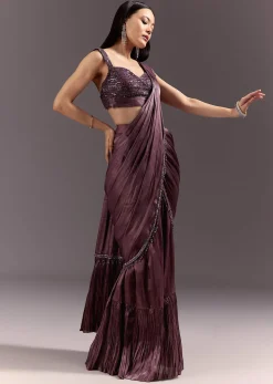 Wine Frill Drape Cutdana Saree With Sleeveless Overlap Blouse